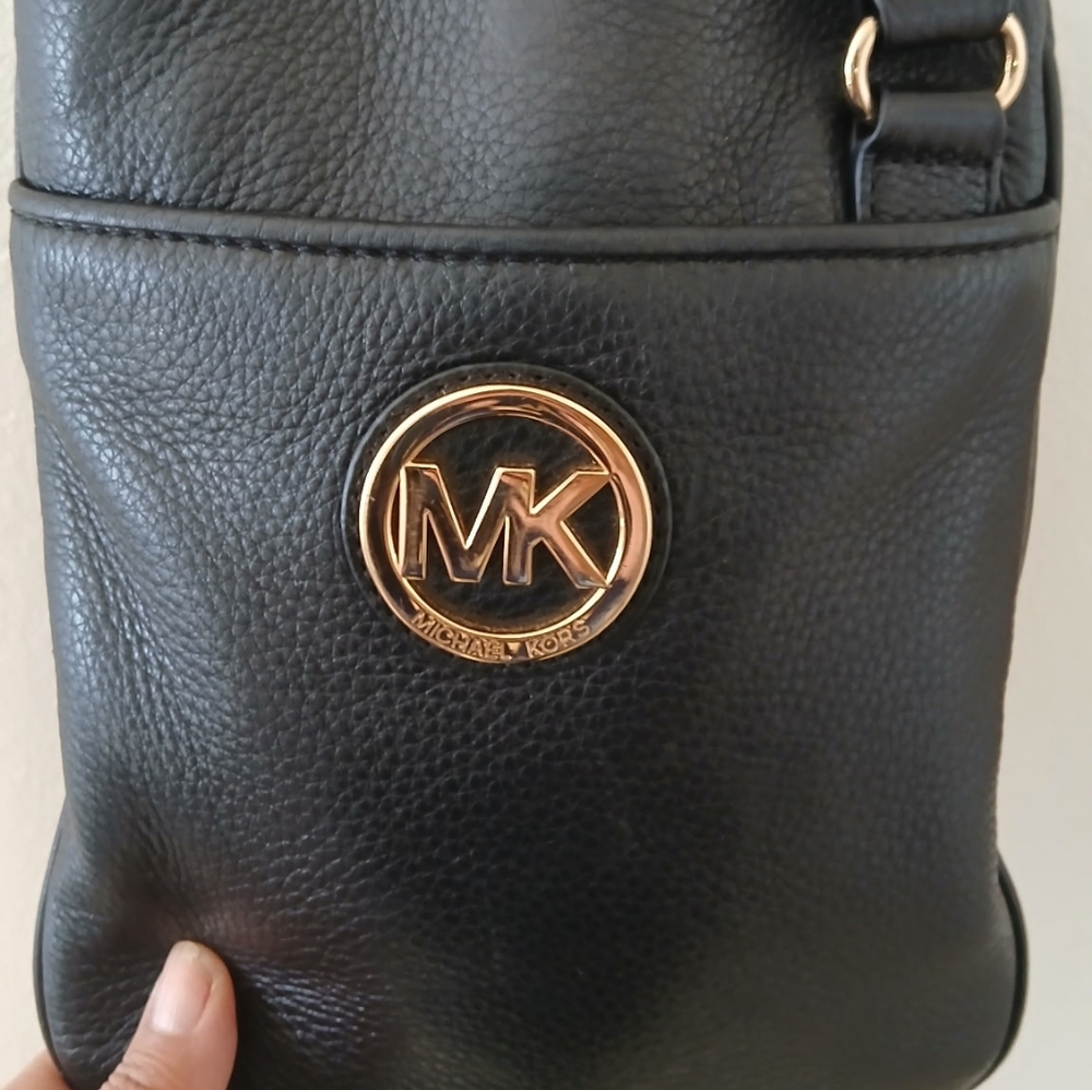 Michael Kors Black Leather Crossbody with Gold MK Emblem